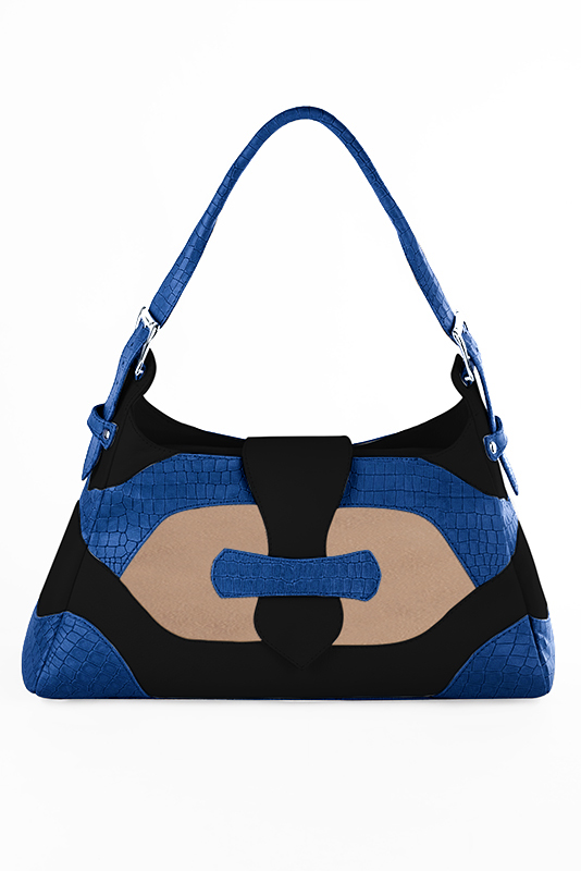 Matt black, biscuit beige and electric blue women's dress handbag, matching pumps and belts. Top view - Florence KOOIJMAN